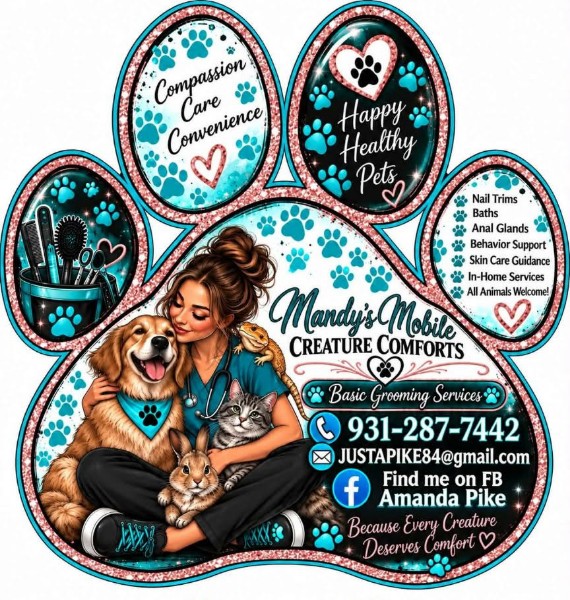 Mandy's Mobile Creature Comforts logo with Mandy caring for a dog, cat, and rabbit